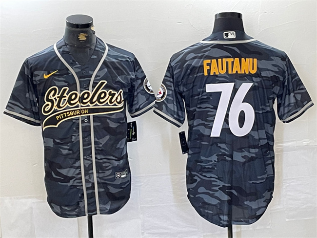 Men's Pittsburgh Steelers #76 Troy Fautanu Gray Camo With Patch Cool Base Stitched Baseball Jersey